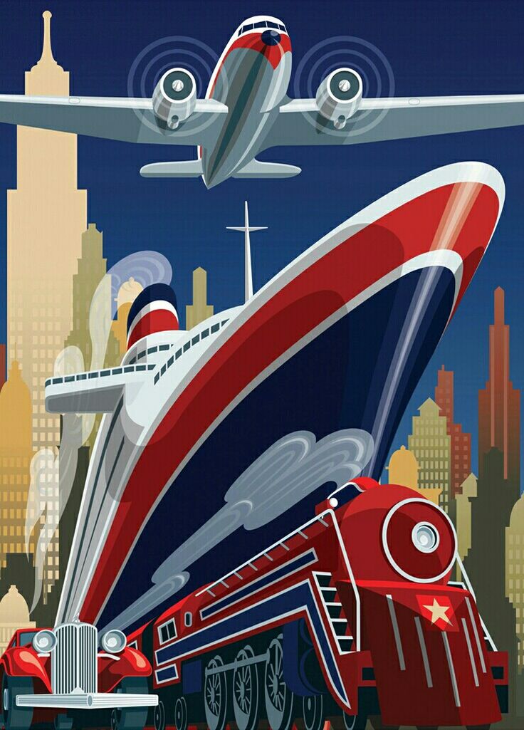 an airplane flying over a red, white and blue train on top of a city