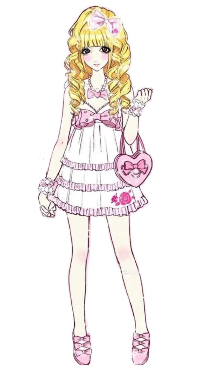 a drawing of a girl with blonde hair and pink shoes holding a purse in her hand