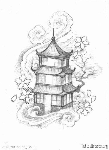 a drawing of a pagoda with flowers and clouds