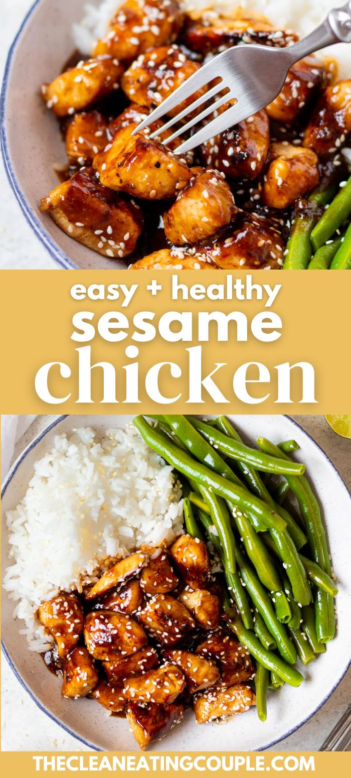 two plates with chicken, rice and green beans on them next to the words easy healthy sesame chicken