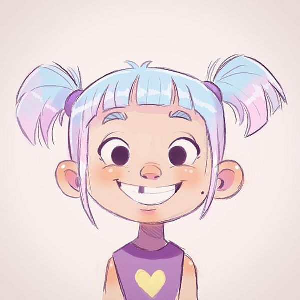 a drawing of a girl with blue hair wearing a purple shirt and smiling at the camera