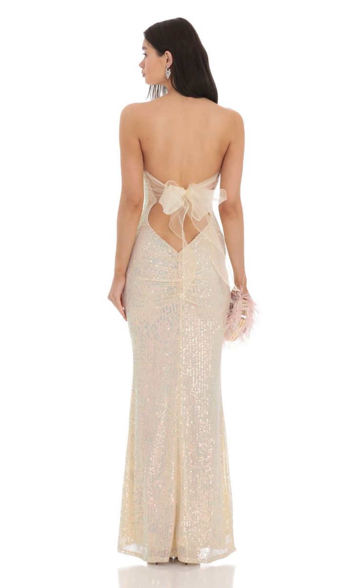 Iridescent Sequin Strapless Maxi Dress in Champagne | LUCY IN THE SKY Lomg Sequin Dress, Sequin Tulle Dress, Champagne Dresses Prom, Long Sparkle Dress, White Long Formal Dress, Beige Prom Dress Champagne, Champagne Dresses Formal, Champagne Dress Long, Beige Prom Dress