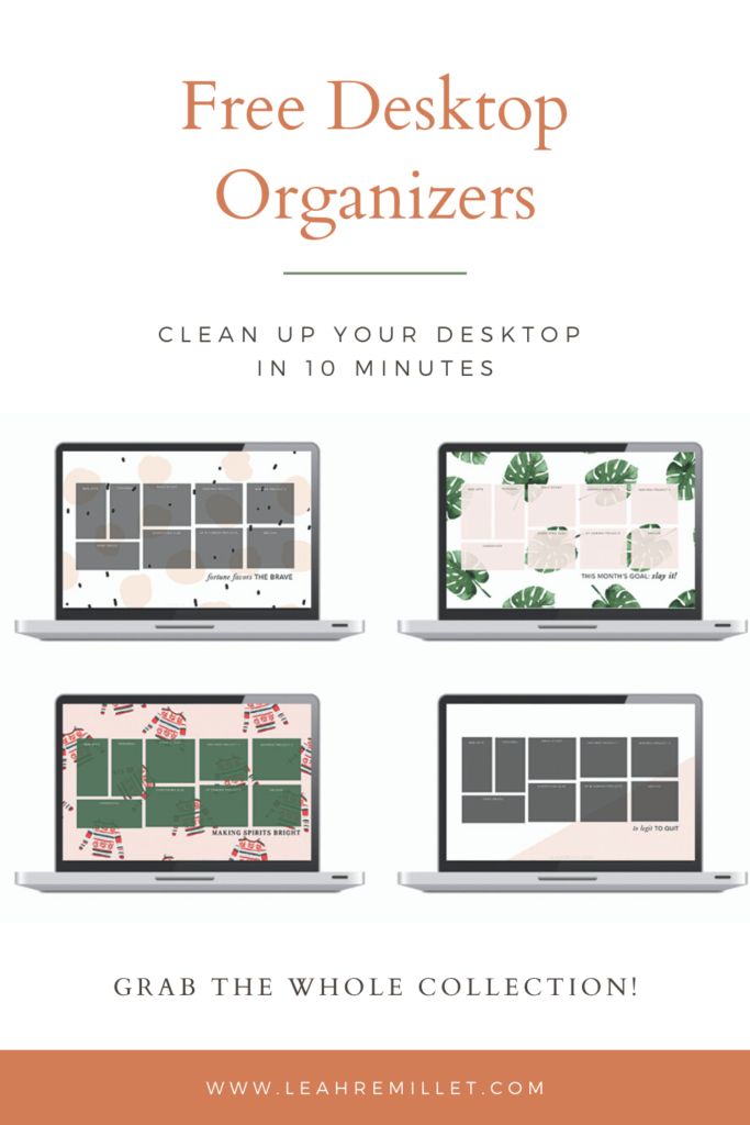 four laptops with the words free desktop organizers on them and an image of plants