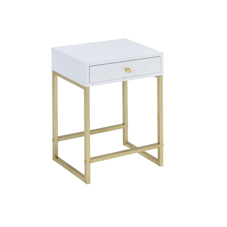 a white and gold side table with one drawer on the bottom, two drawers on the top