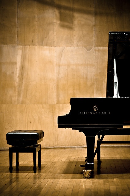 a black piano sitting on top of a hard wood floor next to a small stool