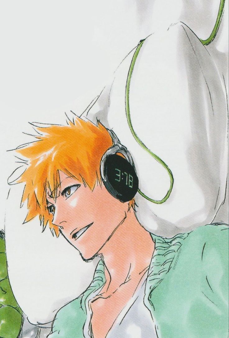 an anime character with orange hair wearing headphones