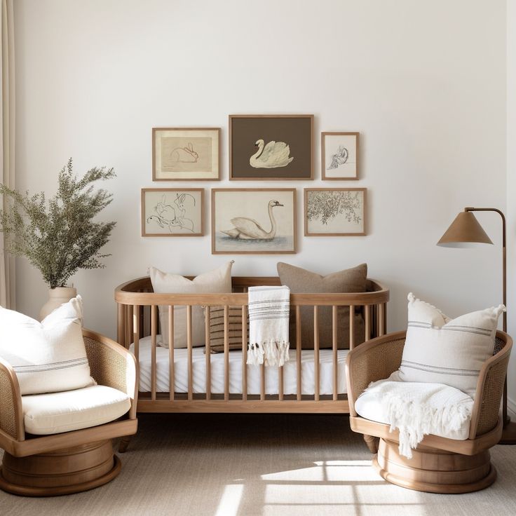 a baby's room with a crib, chair and pictures on the wall