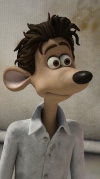 a cartoon character wearing a white shirt and gray pants with eyes wide open, standing in front of a couch