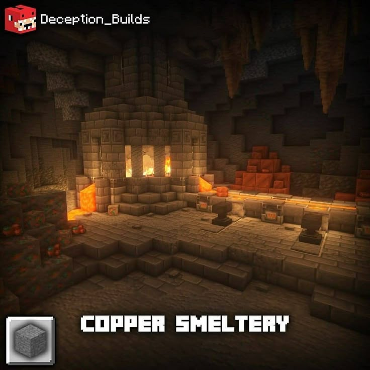 a screenshot of a cave with the words copper smeltry on it and an image of a fireplace in the background