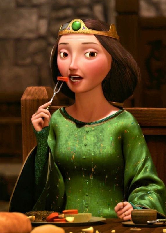 an animated woman eating food with a spoon and wearing a tiara on her head