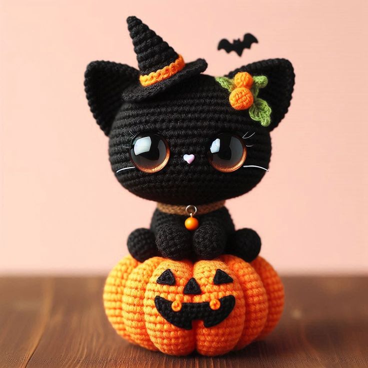 a crocheted black cat sitting on top of a pumpkin