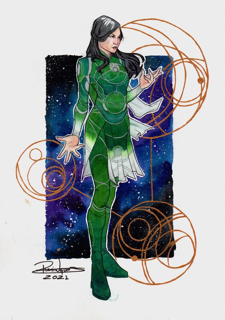 a drawing of a woman in green and white