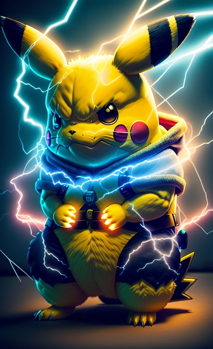 the pikachu is sitting in front of some lightning