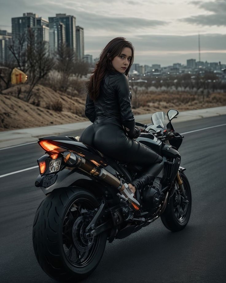 a woman in black leather riding on the back of a motor bike down a road