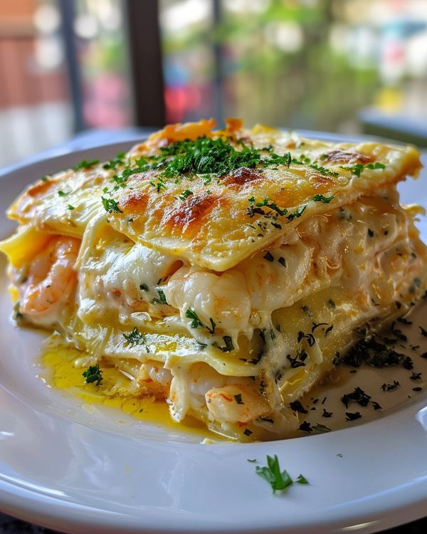 a white plate topped with lasagna covered in cheese and sauce next to a window