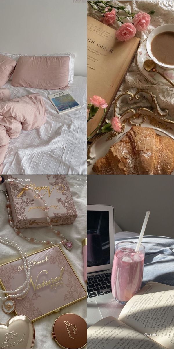 a collage of pink and gold items on a bed, including a laptop, coffee cup, book, phone, notebook