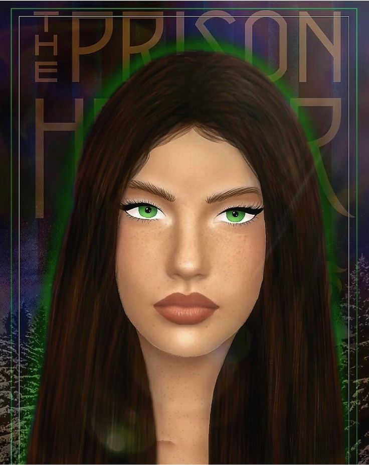 a digital painting of a woman's face with green eyes and long hair, in front of a dark background