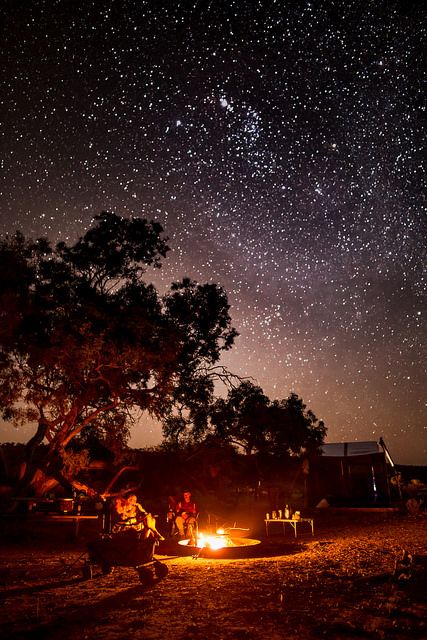 people sitting around a campfire under the stars