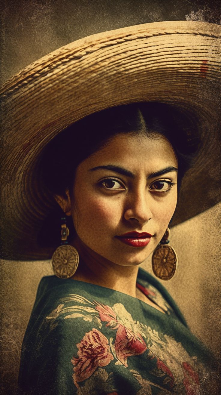 a woman wearing a large straw hat with earrings on her head and looking at the camera