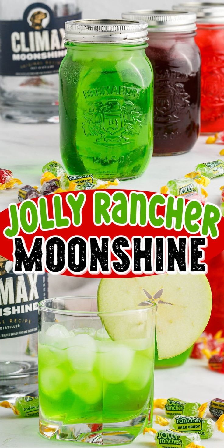 three jars filled with jelly rancher moonshine next to each other on a table