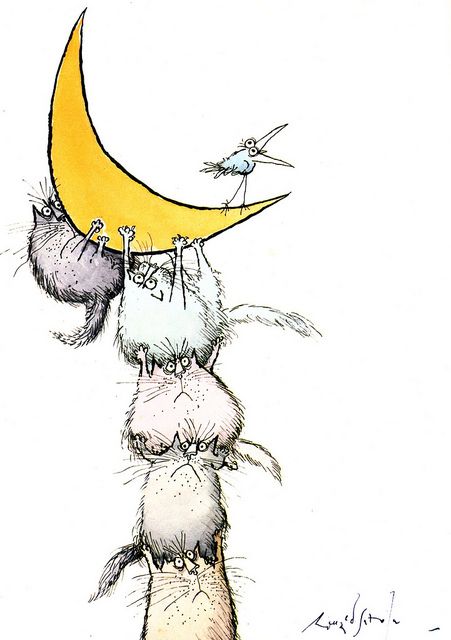 a drawing of a cat sitting on top of a yellow moon with two mice hanging from it's back