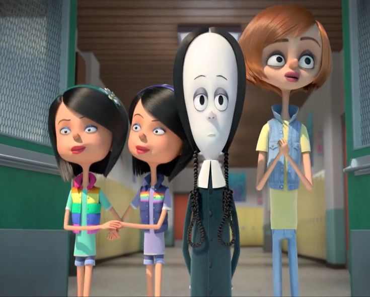 an animated image of three people standing next to each other in front of a hallway