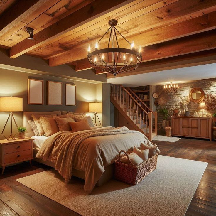 a large bed sitting under a chandelier in a bedroom next to a stair case