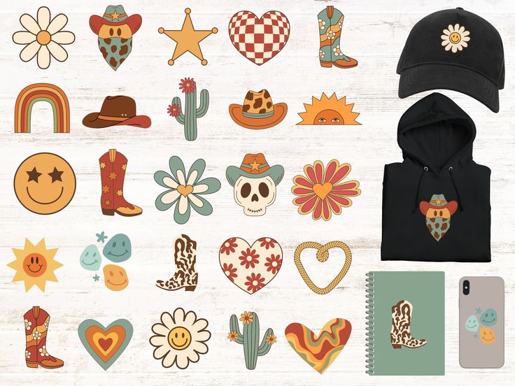 a collection of items that include hats, flowers and other things to be seen in the image