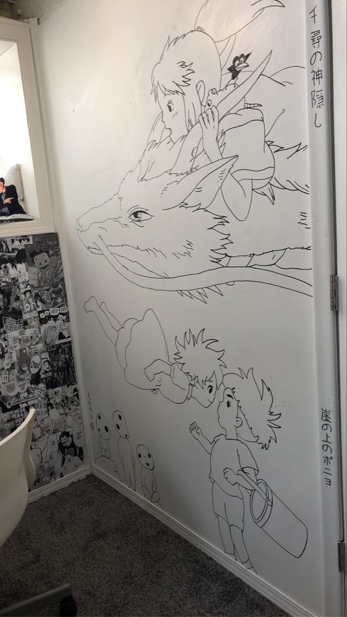 black outline of anime characters from the movies ponyo, spirited away, and princess mononoke Gibli Studio Bedroom, Ghibli Wall Painting, Anime Wall Drawing, Studio Ghibli Mural, Studio Ghibli Bedroom Ideas, Anime Wall Painting Ideas, Drawing On Walls Bedrooms, Princess Mononoke Painting, Anime Wall Art Bedroom