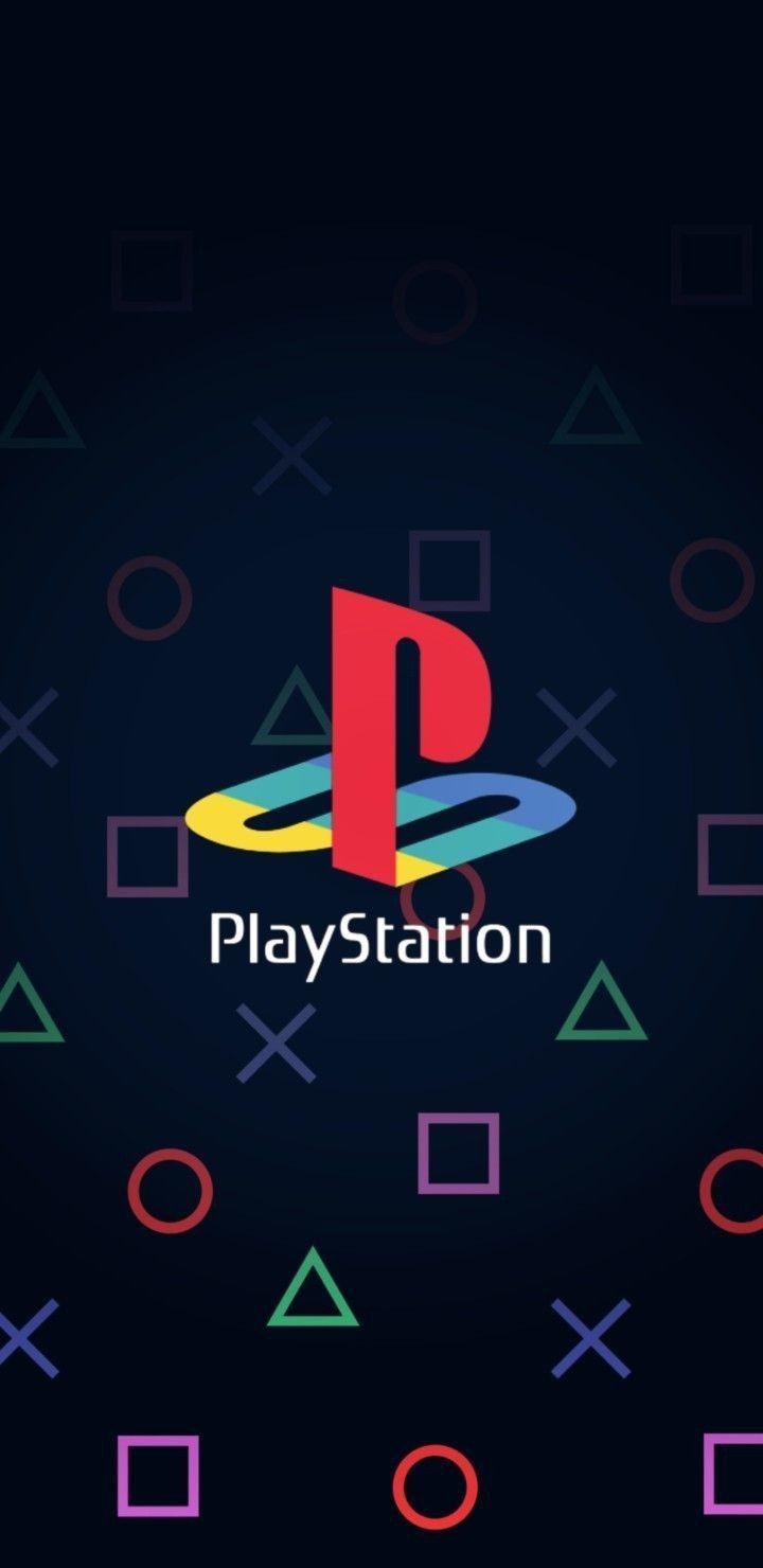 the playstation logo is shown on a dark background with colorful symbols and letters around it