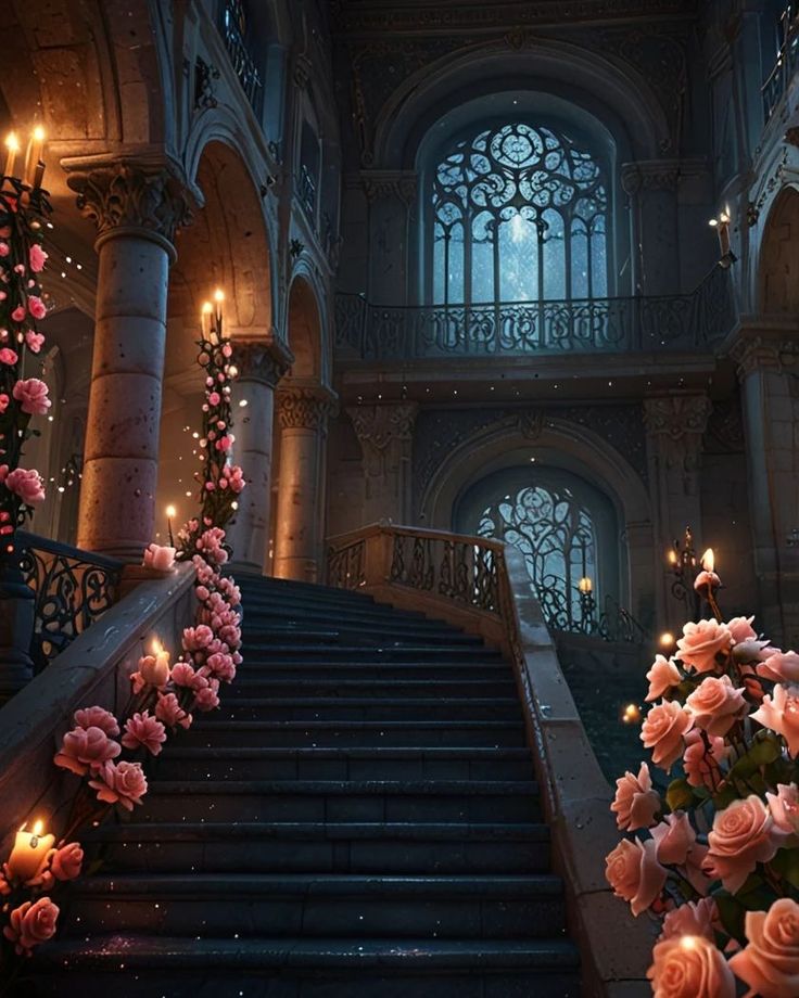 the stairs are lined with flowers and candles