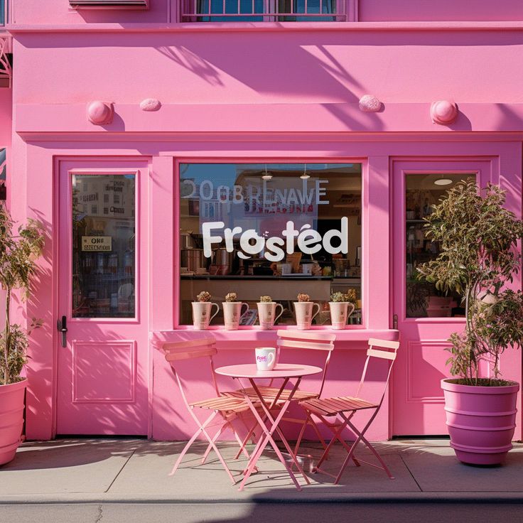 a pink storefront with tables and chairs in front of the window that says frosted