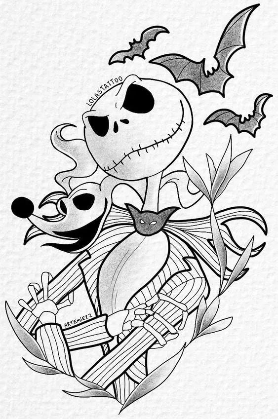 a black and white drawing of a skeleton with bats on it's head, holding a