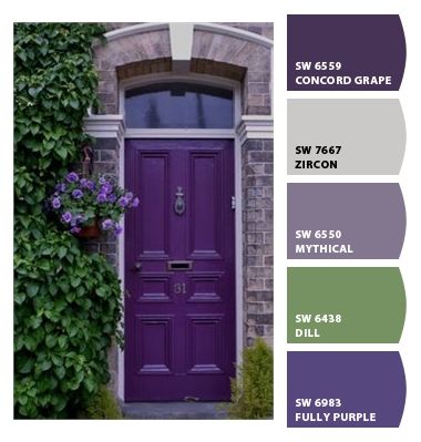 a purple front door with green ivy growing on it and the words's color guide below