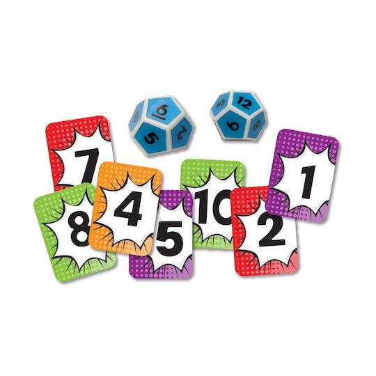 four different colored dices with numbers on them