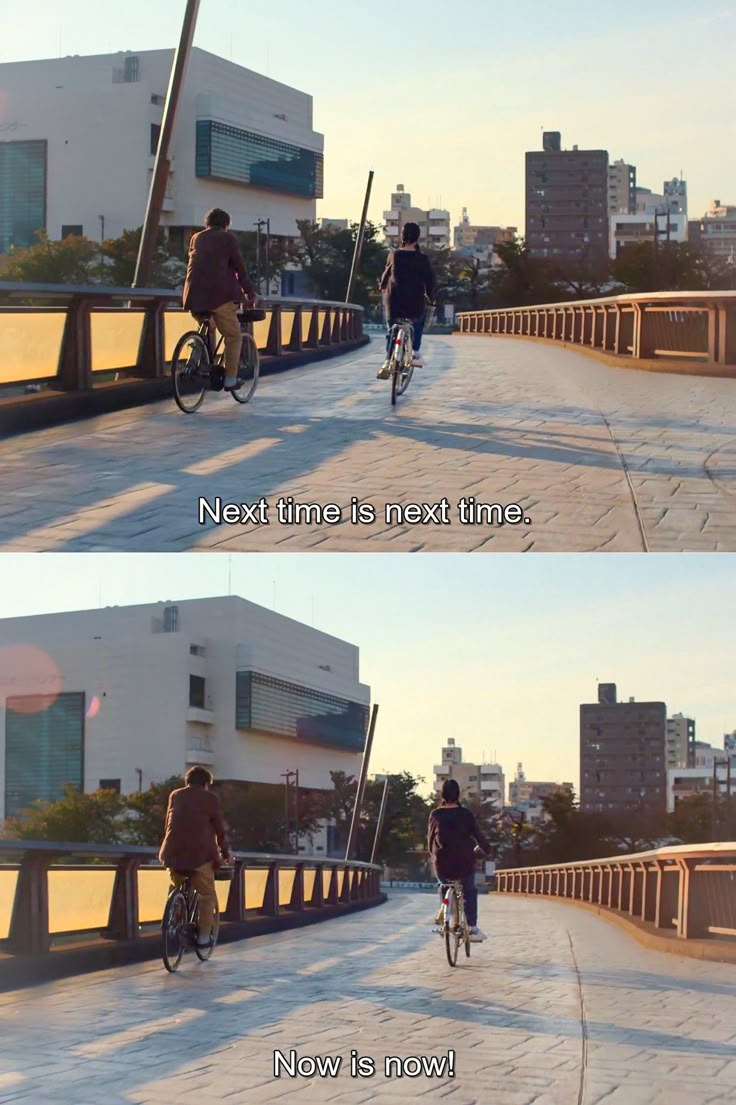 two people riding bikes on a bridge next to each other with the same caption