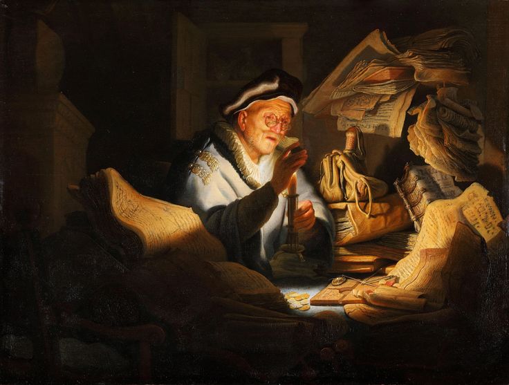 an old man sitting in front of a pile of books holding a pipe and looking at something