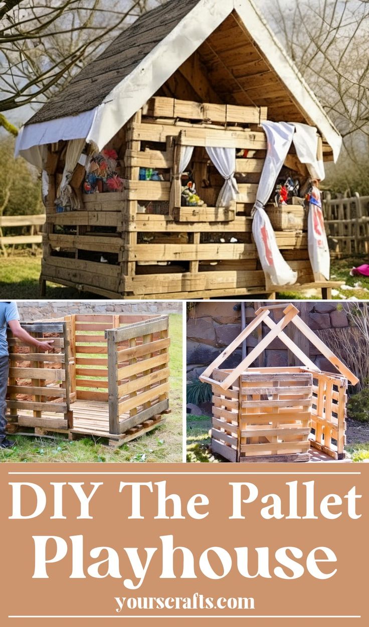 the pallet playhouse is made out of wooden pallets