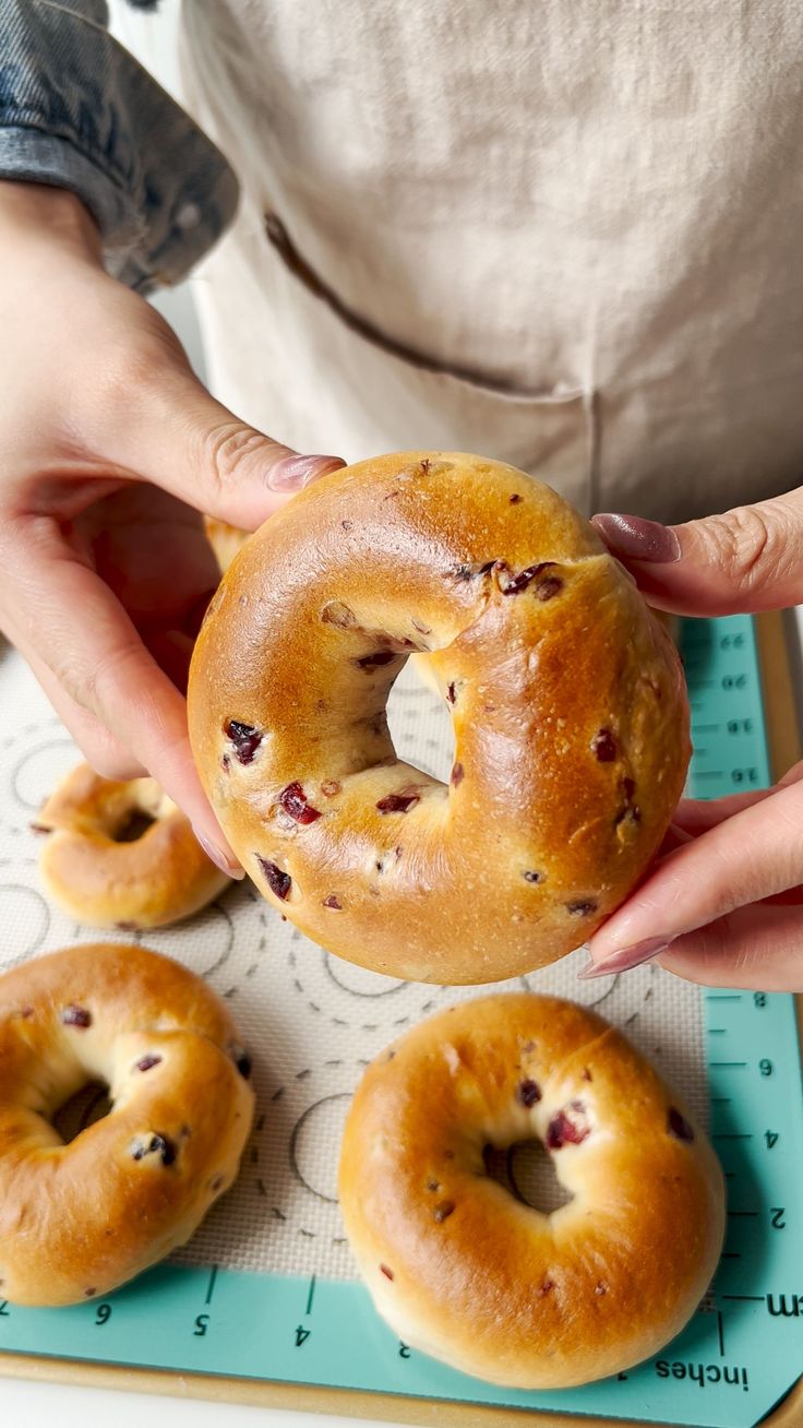 a person holding a bagel in front of four other bagels on a table