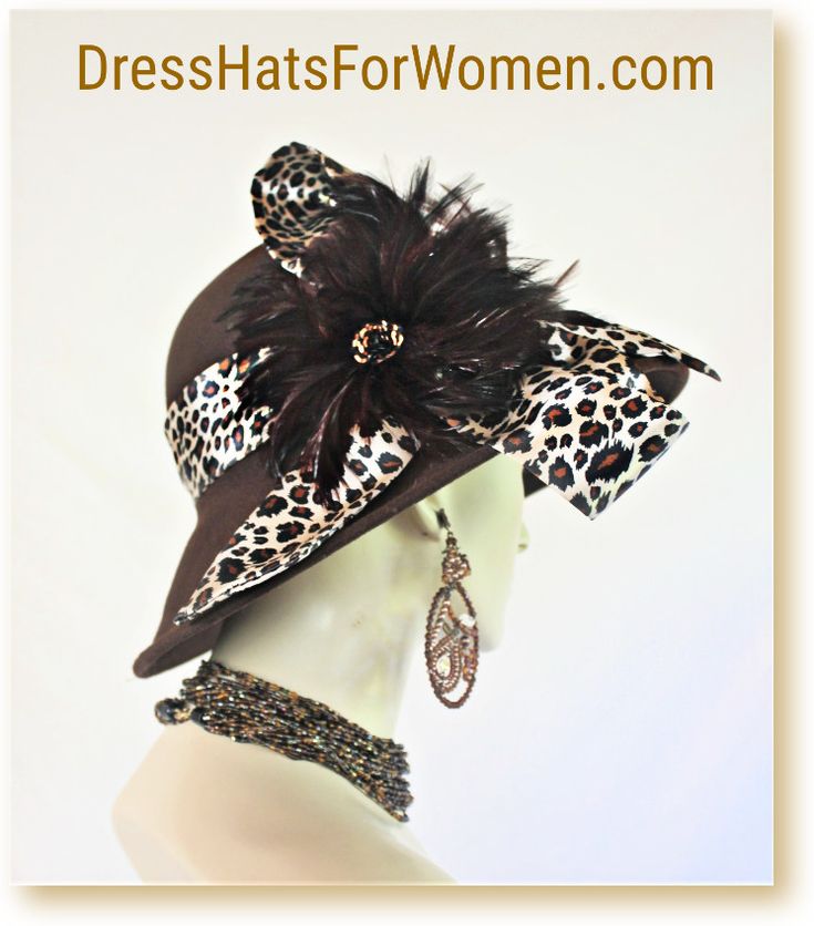 Women’s Haute Couture Vintage Inspired Brown Wool Winter Custom Made Fashion Designer Hat. This Statement Hat Is Embellished With A Large Leopard Print Polyester Satin Bow Enhanced With Expensive Brown Rooster Hackle Feathers. A Handmade Brown Sequin Round Flower Is Placed In The Center Of The Feathers. This High-Fashion Formal Hat Would Be Appropriate To Wear With A Winter Coat, Dress, Suit Or Gown. This Luxury Hat Is Suited For Weddings, Formals, Church, Temple, Holidays, The Melbourne Cup, Ho Special Occasion Hats, Bespoke Hats, Large Brim Hat, Veiled Hats, Luxury Hats, Royal Ascot Hats, Occasion Hats, Bridal Fascinator, Couture Hats