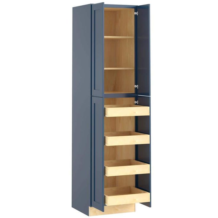 a tall cabinet with shelves and drawers on the bottom, in front of a white background