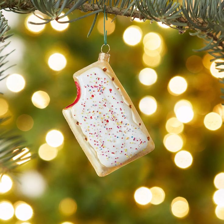 a christmas ornament hanging from a tree