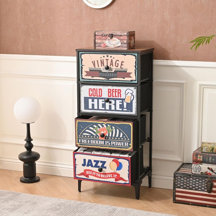 three tiered shelf with various signs on it next to a lamp and wall clock