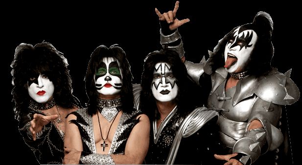 the kiss band members are dressed in their costumes and make - up as they pose for a photo