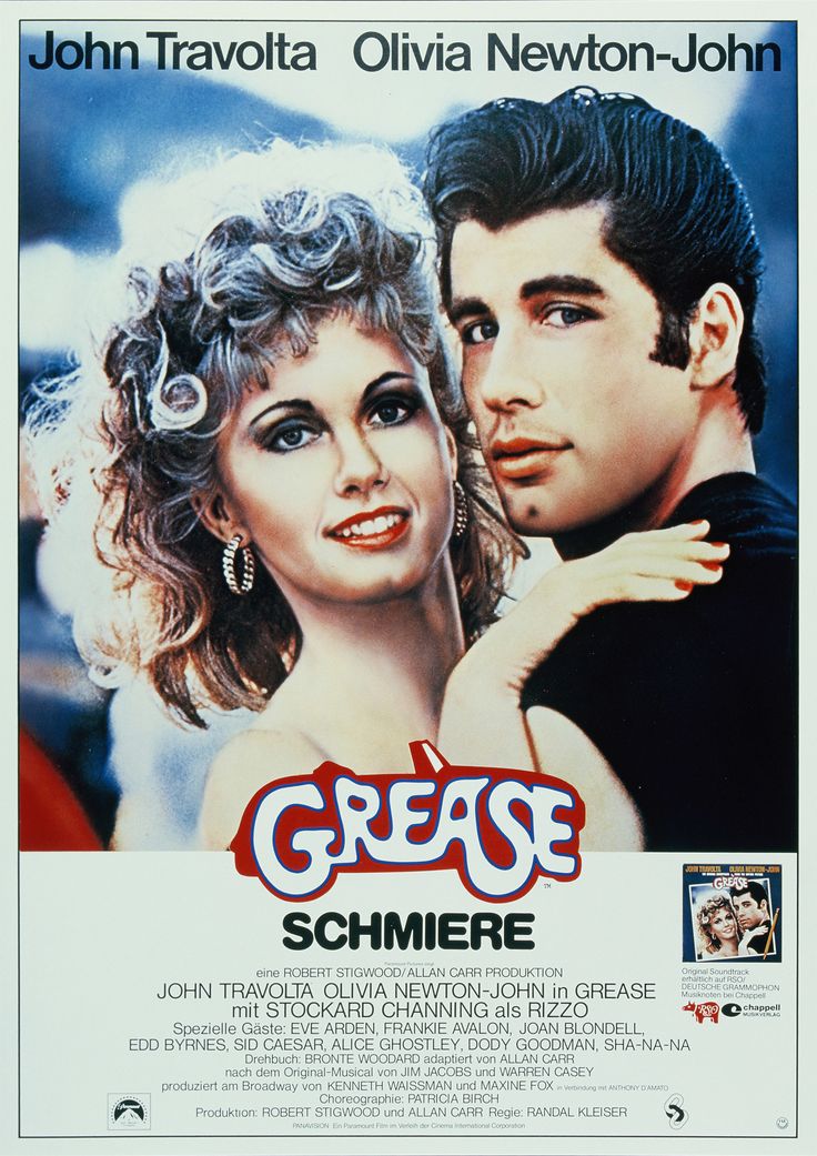 the poster for grease starring actors, from left to right john travy and elizabeth baker