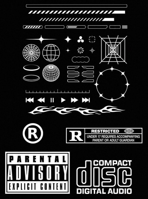 some type of black and white poster with different types of logos, numbers, and symbols