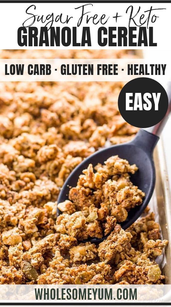 granola cereal in a baking pan with text overlay that reads sugar free keto granola cereal low carb gluten free healthy easy