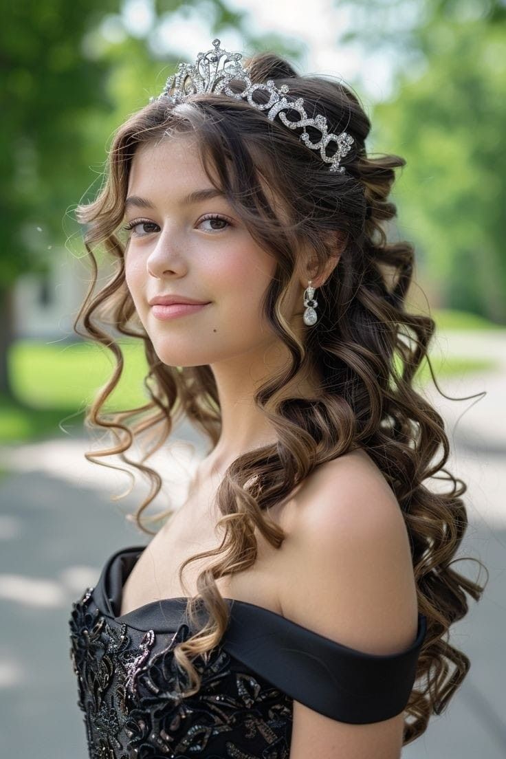 Curled Hair With Tiara, Half Updo With Tiara, Prom Crown Hairstyles, Hair Styles For Tiara, 18th Bday Hairstyles, Hairstyles For Bday Party, Crown Hairstyles Tiaras, Prom Hair With Tiara, Hairstyle For Crown