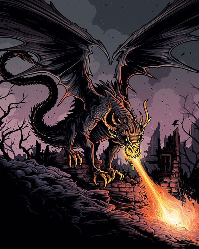 a dragon with its wings spread over a fire