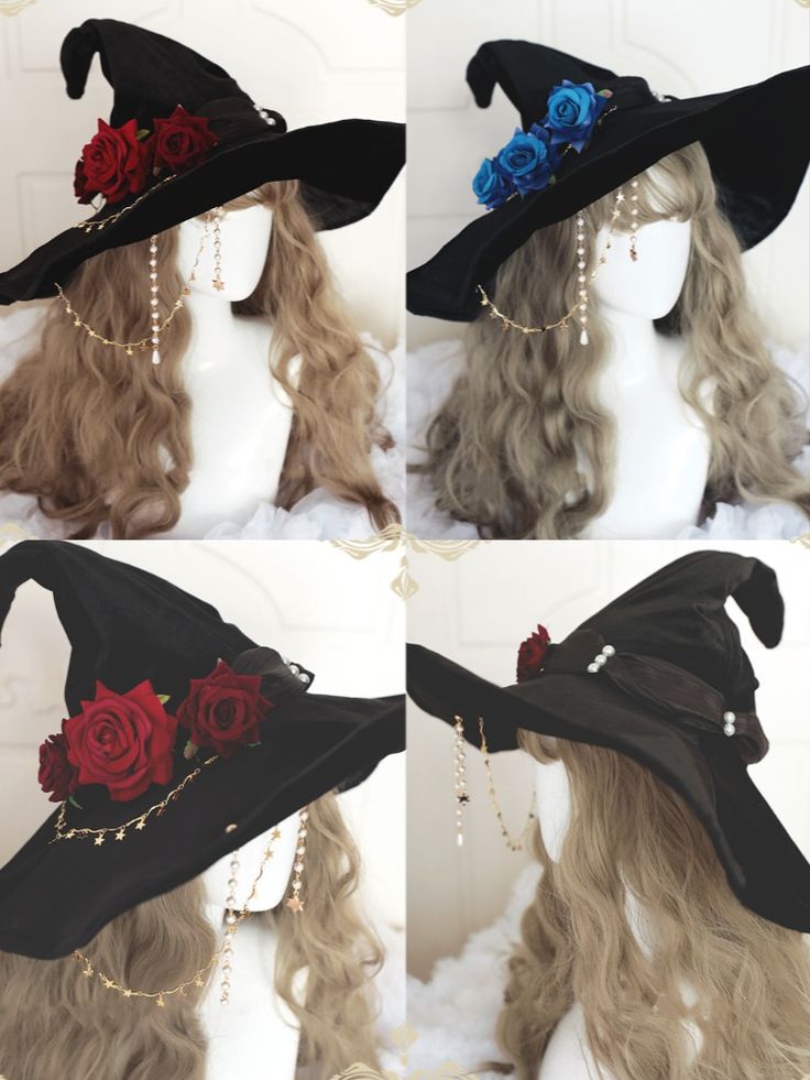 Search ID "LA13164" on lolitain.com💌  Include: Hat*1🔮 Style Types: Gothic Lolita Materials: Velvet, Chiffon Feature: Black witch hat, very good quality with wide peak and wide brim, can be matched with various magical witch-themed costumes. The hat is decorated with delicate rosettes and pearl chains. Cheap Black Cosplay Hat, Red Modern Witch Hat, Gothic Witch Hats, Witch Hat With Chains, Victorian Hats Woman Goth, Decorated Witch Hat, Velvet Witch Hat, Renfaire Outfit, Witchy Hats